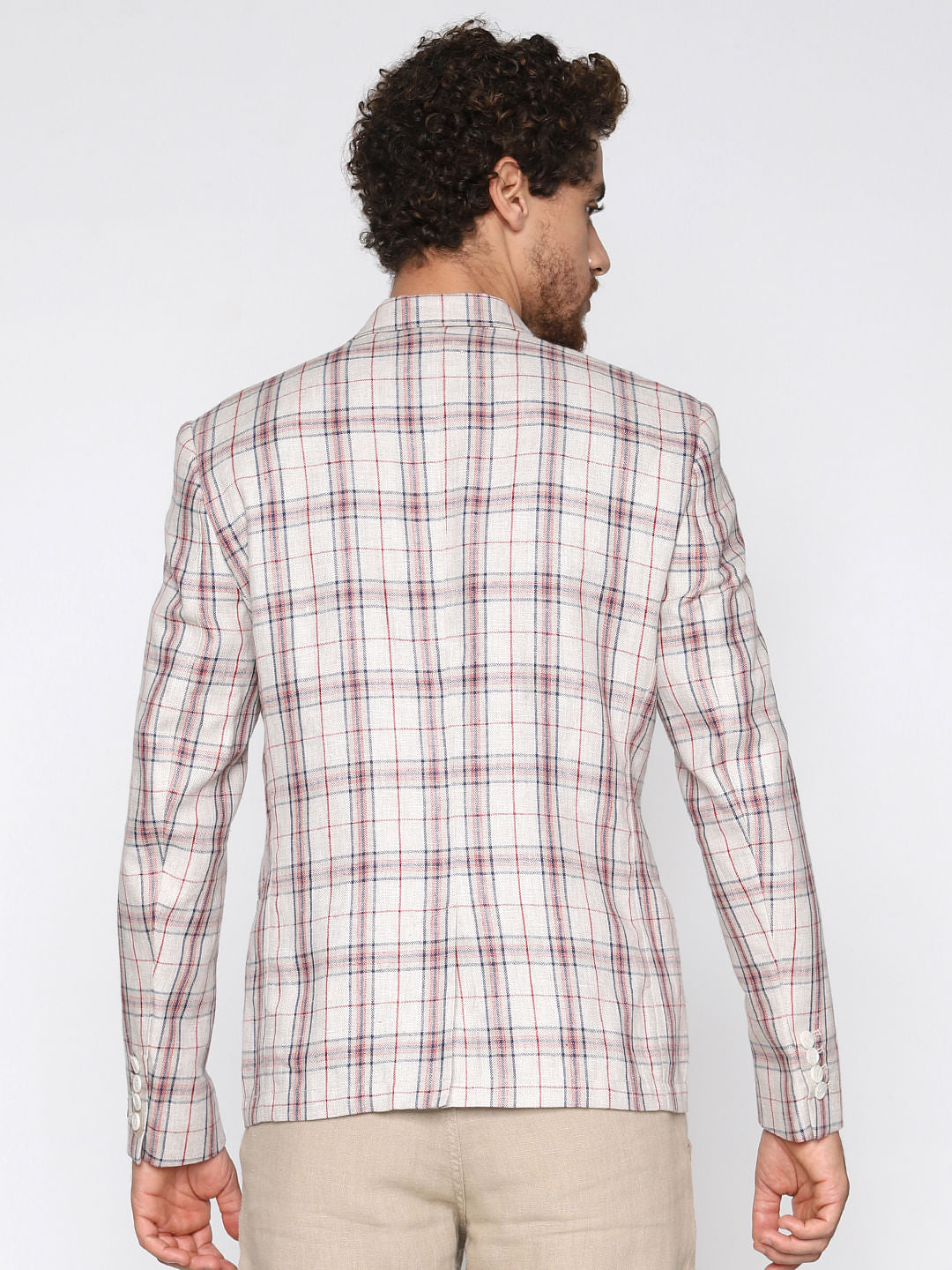 Beige Check Linen Blazer
