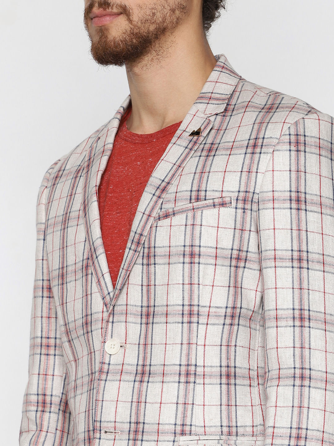 Beige Check Linen Blazer