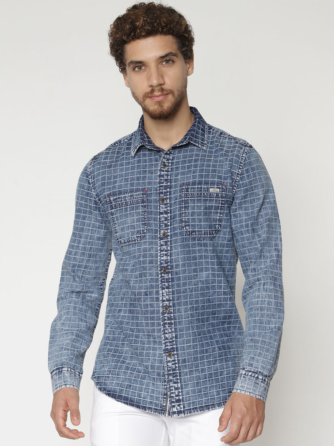Blue Check Denim Full Sleeves Shirt