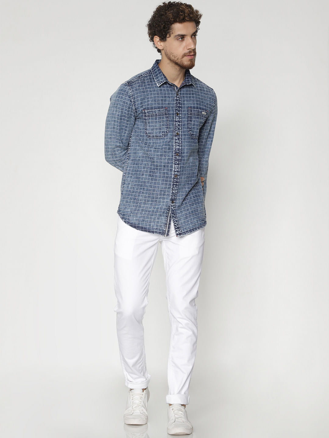 Blue Check Denim Full Sleeves Shirt