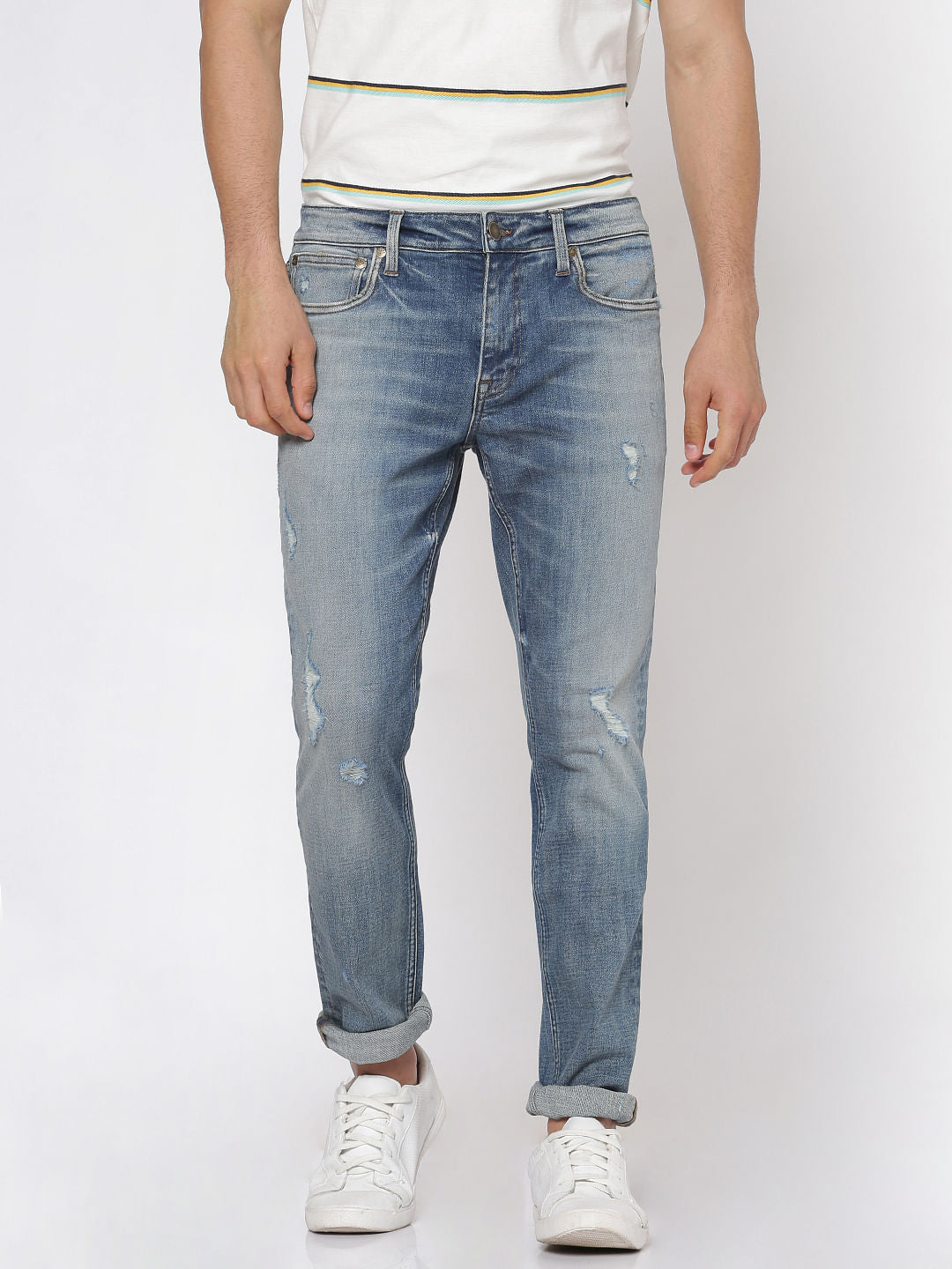 Light Blue Faded Distressed Liam Slim Fit Jeans - 28/30