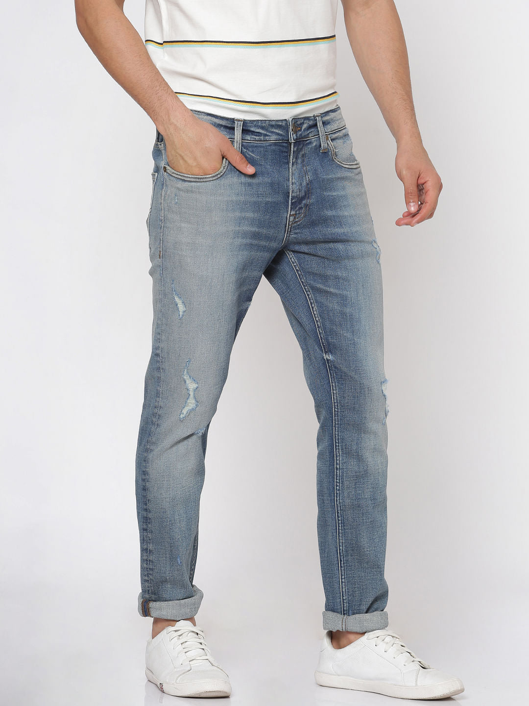 Light Blue Faded Distressed Liam Slim Fit Jeans