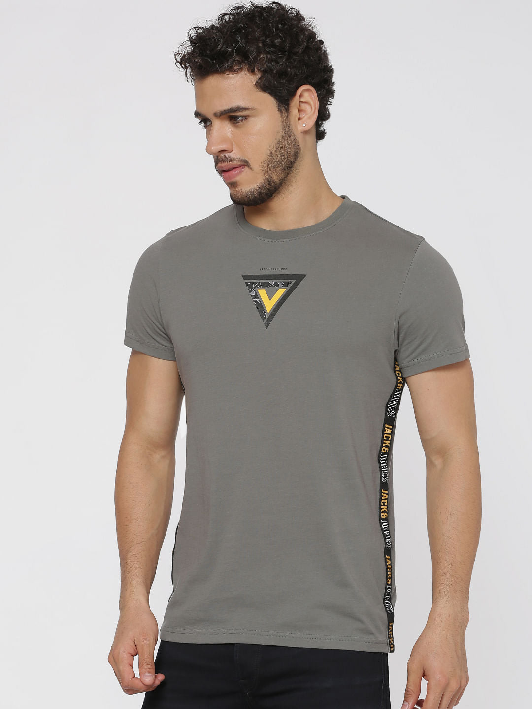 Grey Graphic Print Slim Fit Crew Neck T-Shirts - S