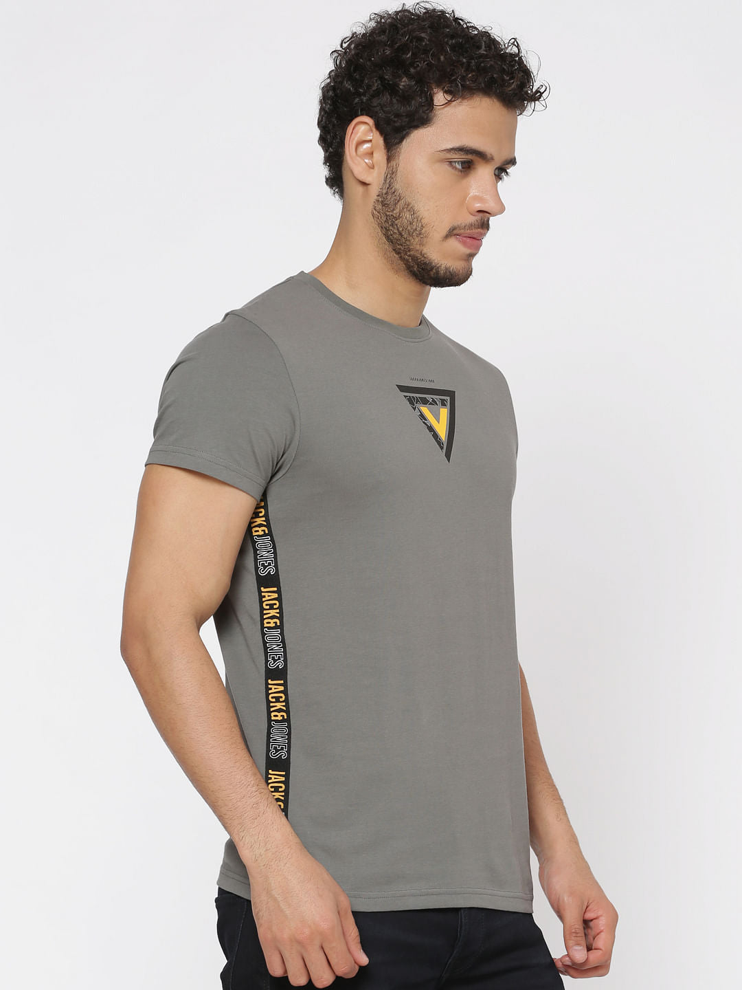 Grey Graphic Print Slim Fit Crew Neck T-Shirts