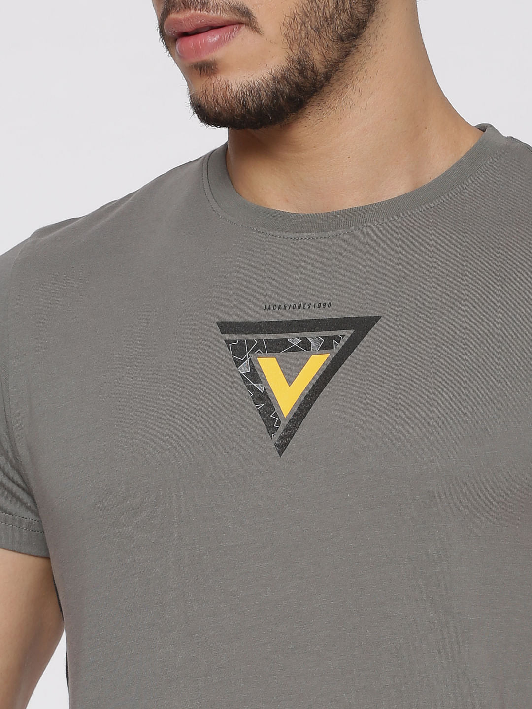 Grey Graphic Print Slim Fit Crew Neck T-Shirts