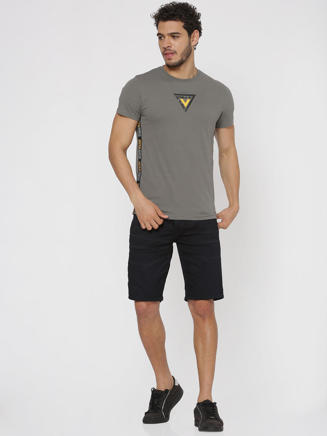 Grey Graphic Print Slim Fit Crew Neck T-Shirts