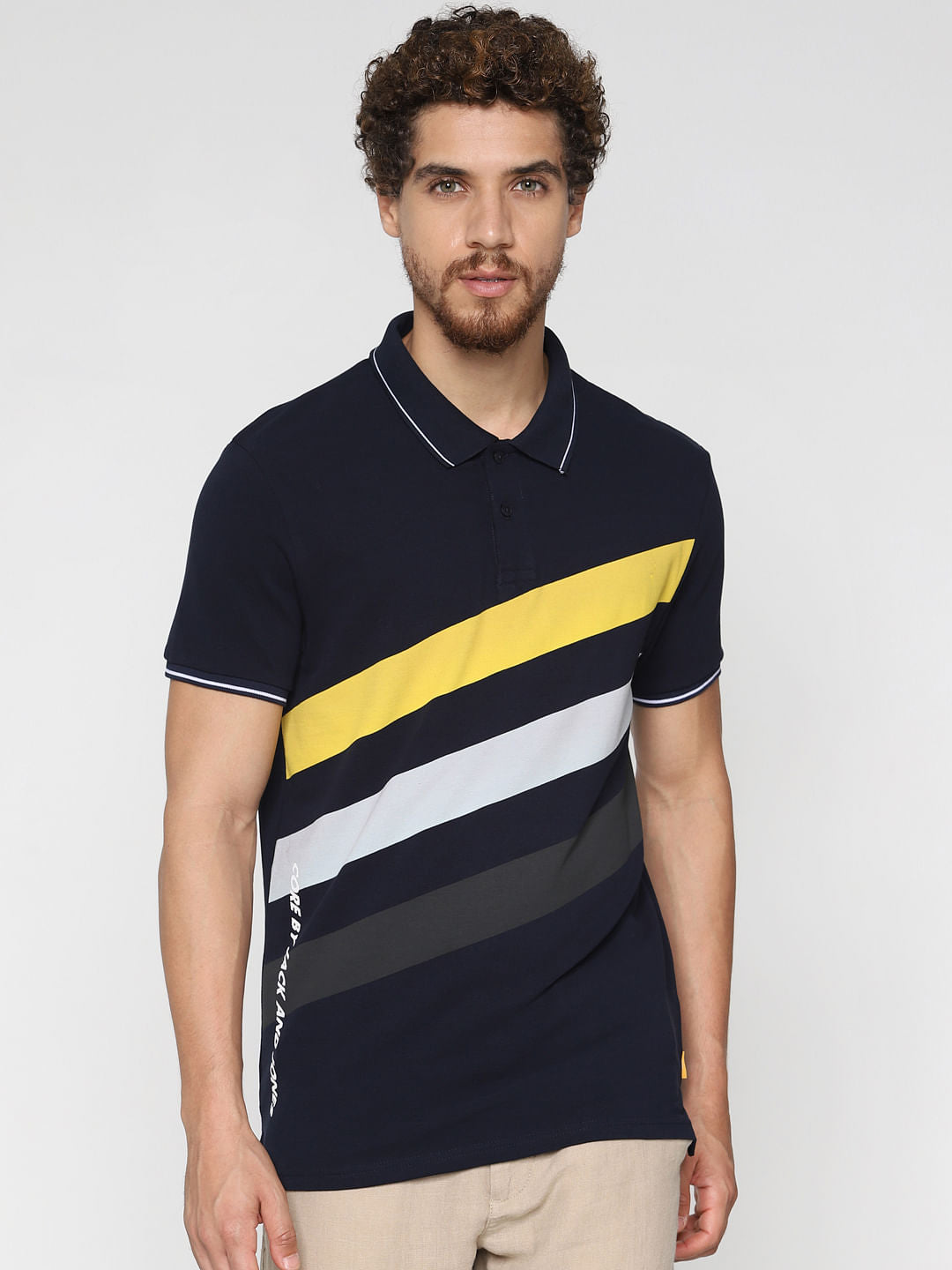 Navy Blue Printed Polo Neck T-Shirt - S