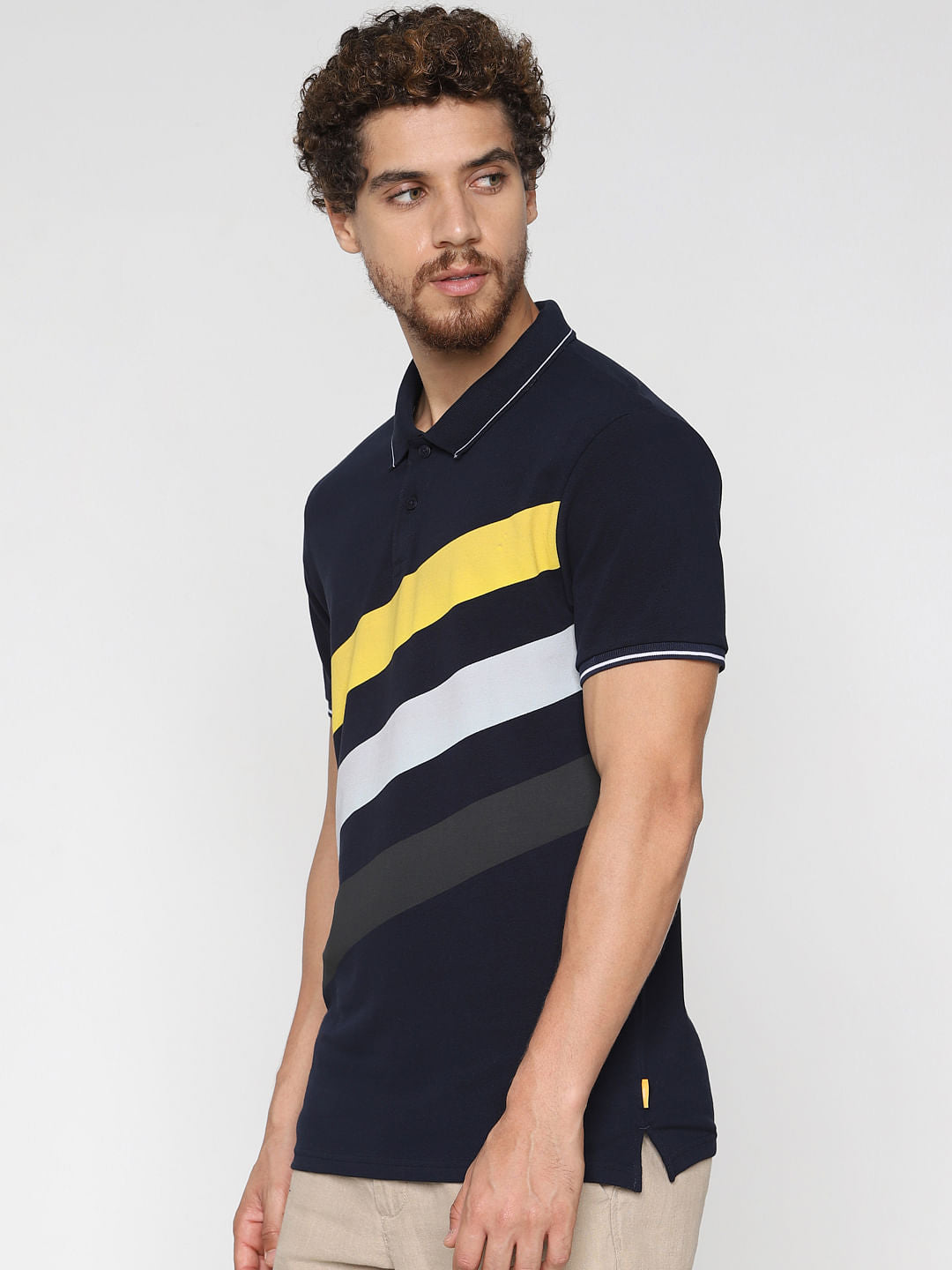Navy Blue Printed Polo Neck T-Shirt