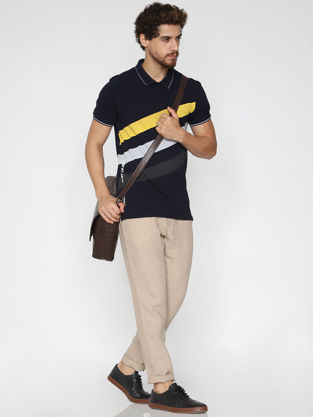 Navy Blue Printed Polo Neck T-Shirt