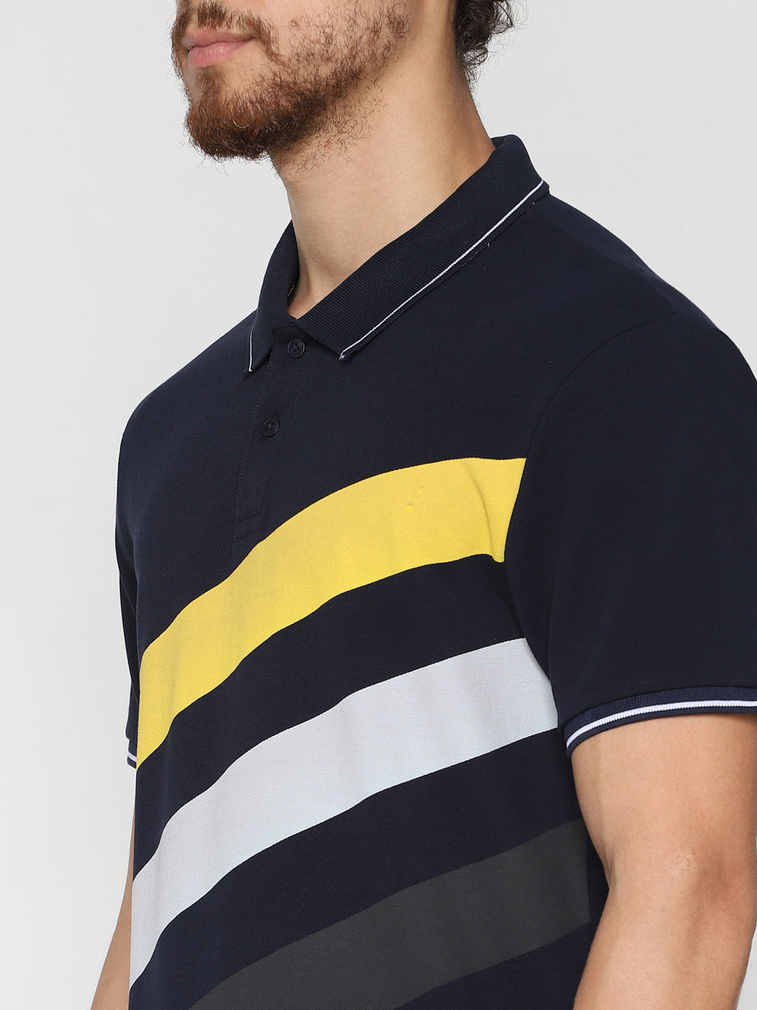 Navy Blue Printed Polo Neck T-Shirt