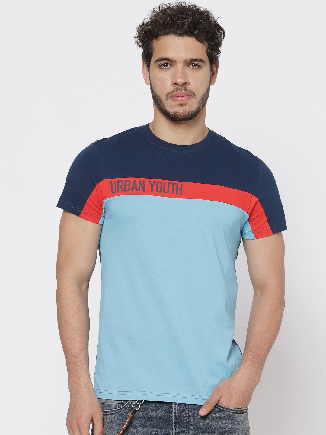 Blue Colour Blocked Crew Neck T-Shirt