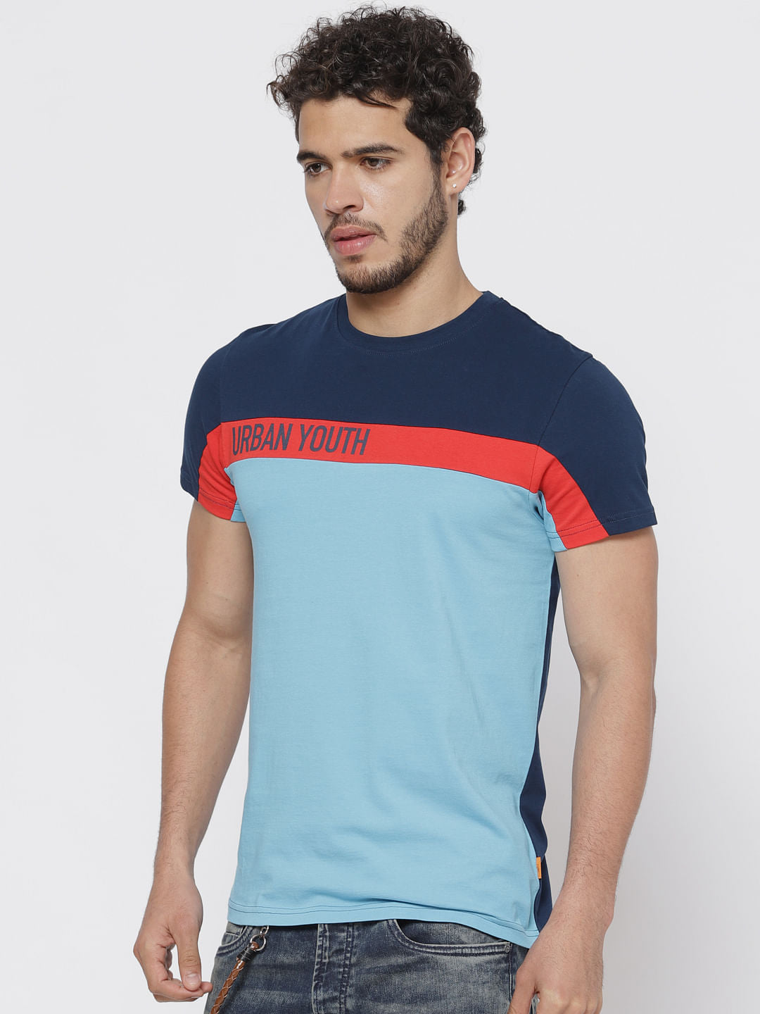 Blue Colour Blocked Crew Neck T-Shirt