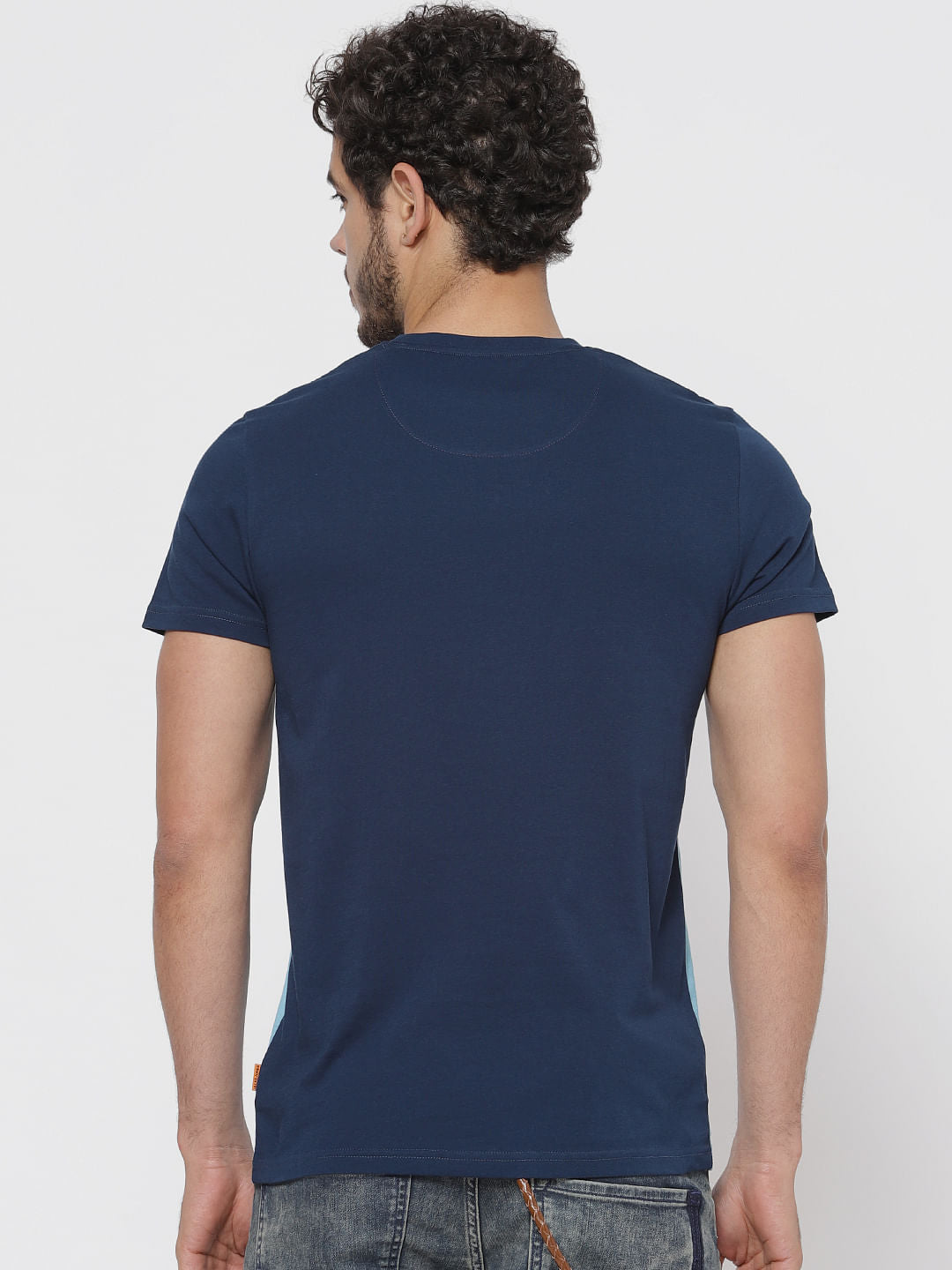 Blue Colour Blocked Crew Neck T-Shirt