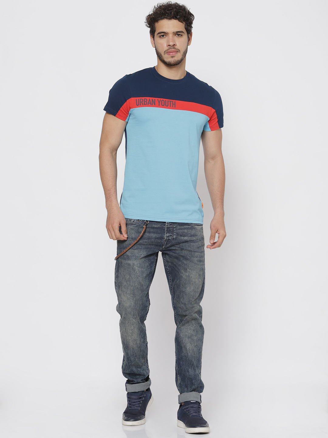 Blue Colour Blocked Crew Neck T-Shirt