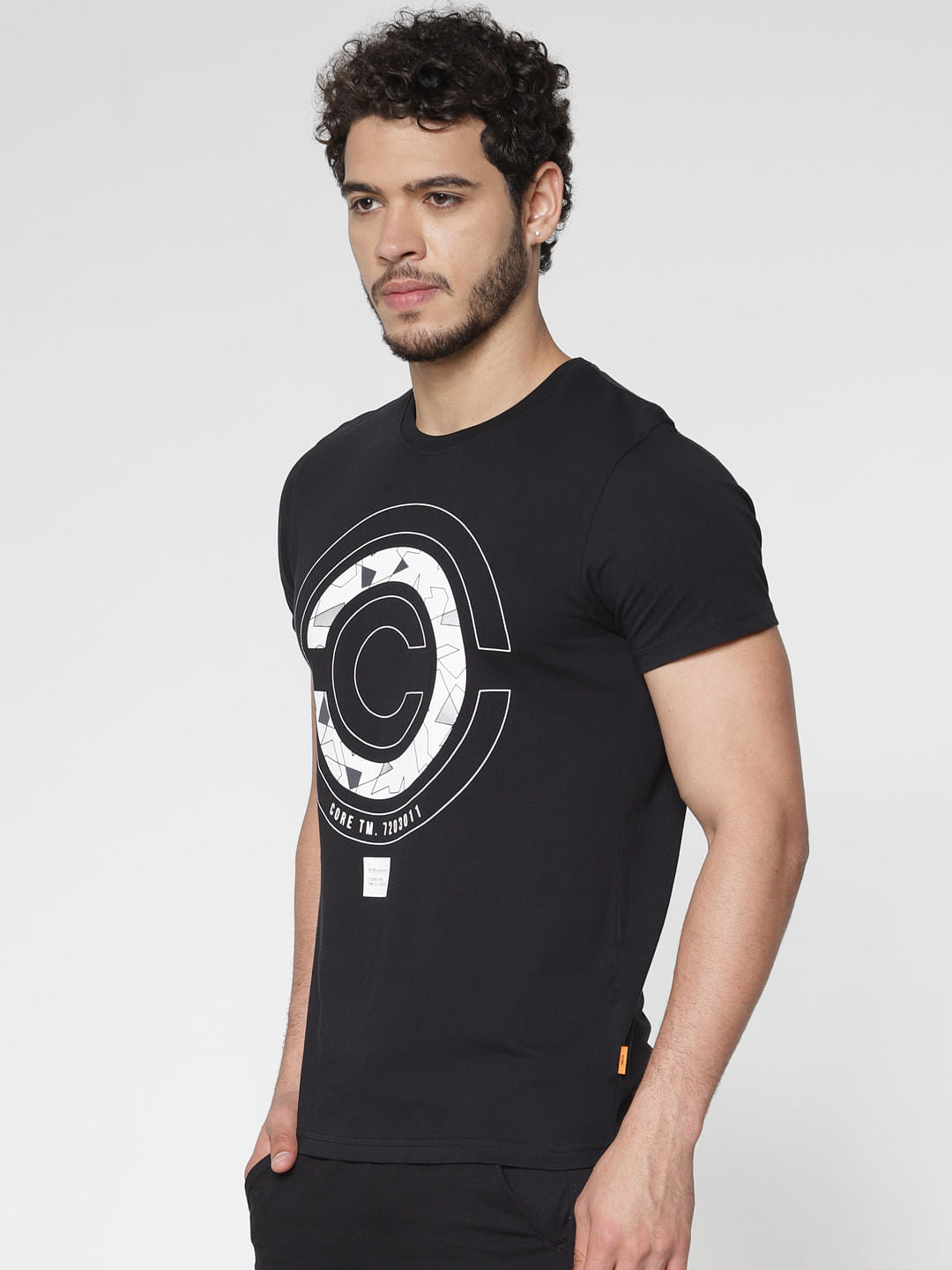 Black Printed Slim Fit Crew Neck T-Shirt - S