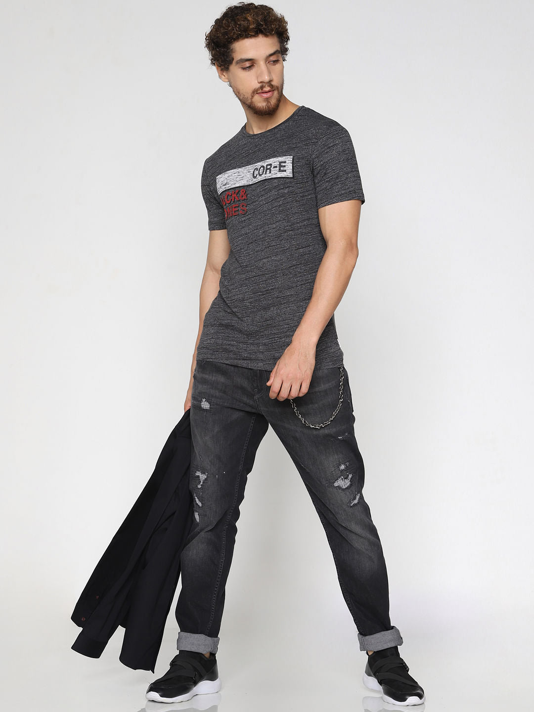 Dark Grey Low Rise Distressed Skinny Jeans