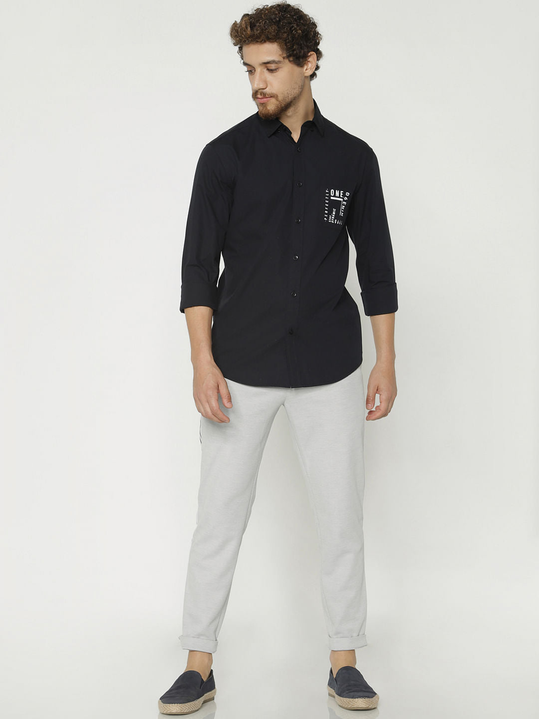Black Printed Slim Fit Full Sleeves Shirt