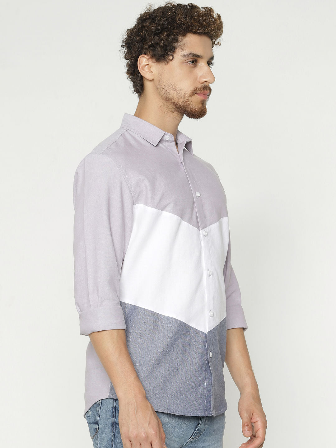 White Colour Blocked Slim Fit Full Sleeves Shirt