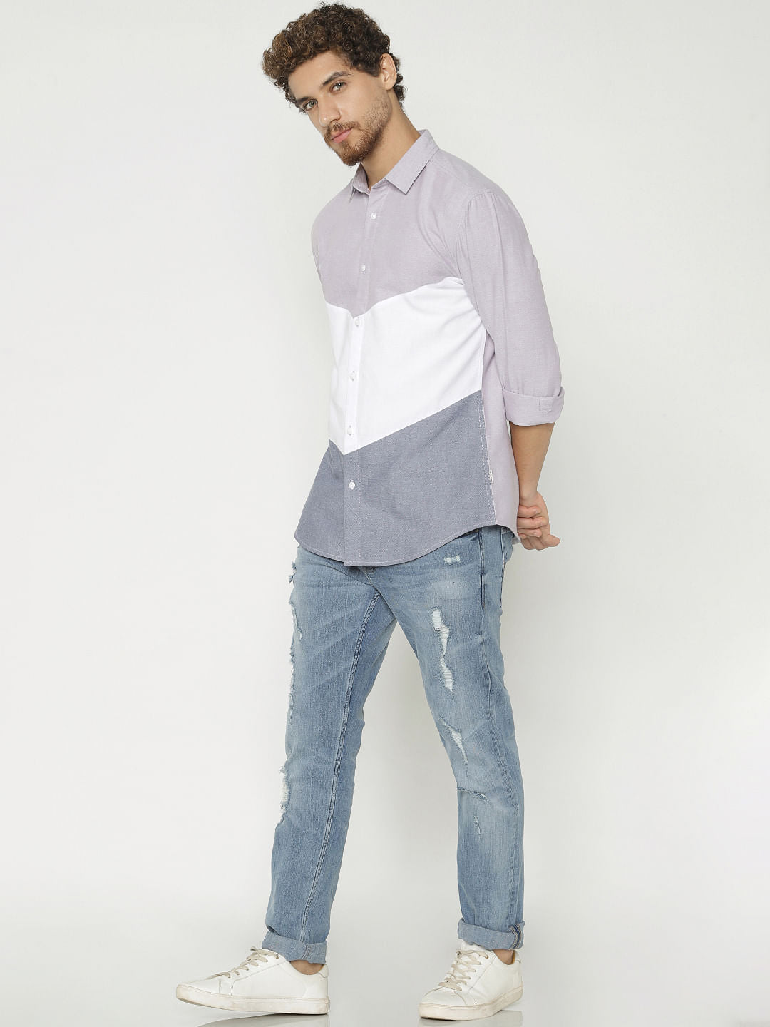 White Colour Blocked Slim Fit Full Sleeves Shirt