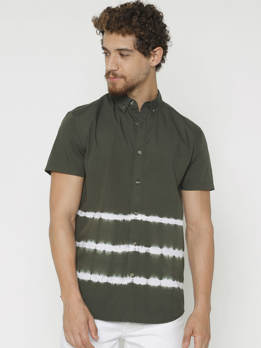 Green Printed Slim Fit Short Sleeves Shirt - S