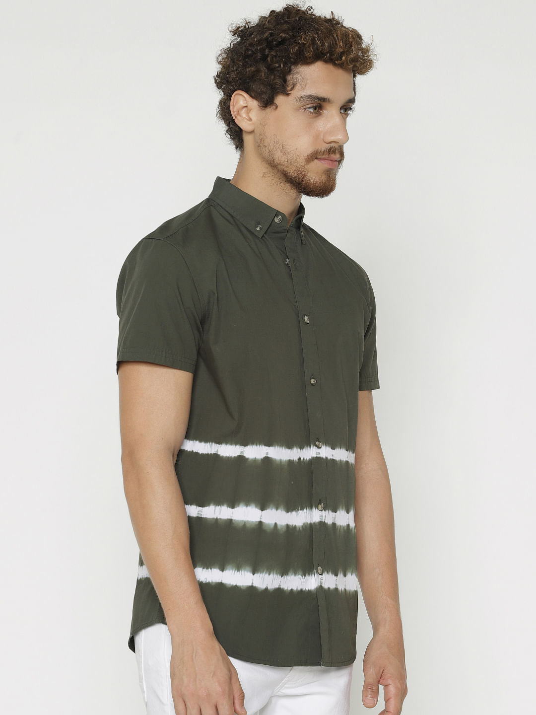Green Printed Slim Fit Short Sleeves Shirt
