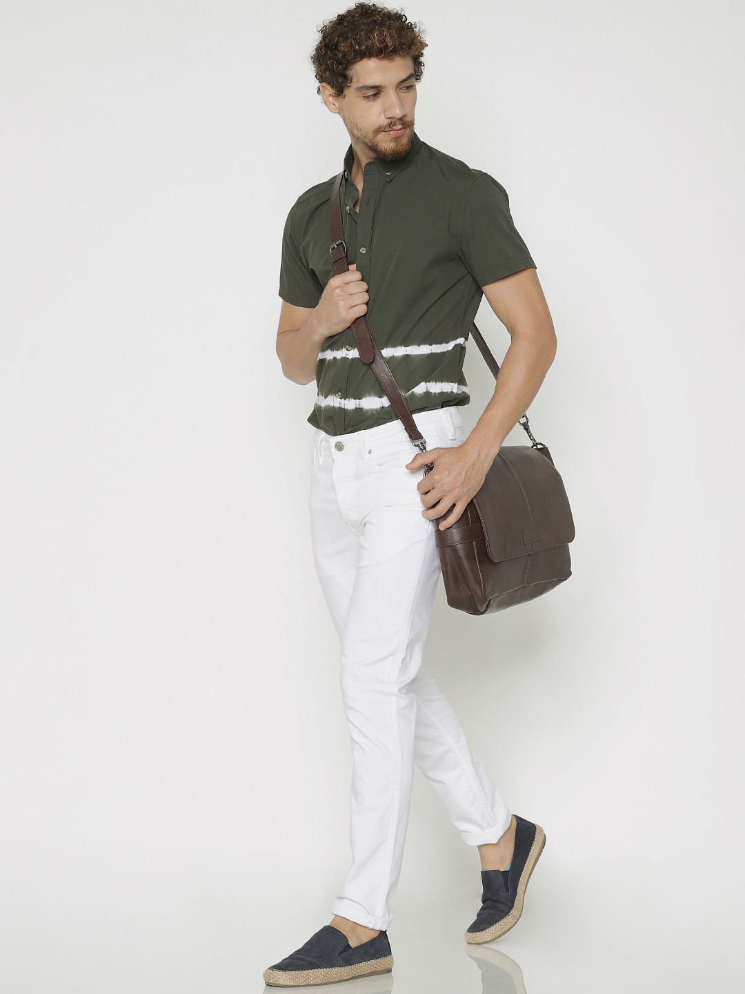 Green Printed Slim Fit Short Sleeves Shirt