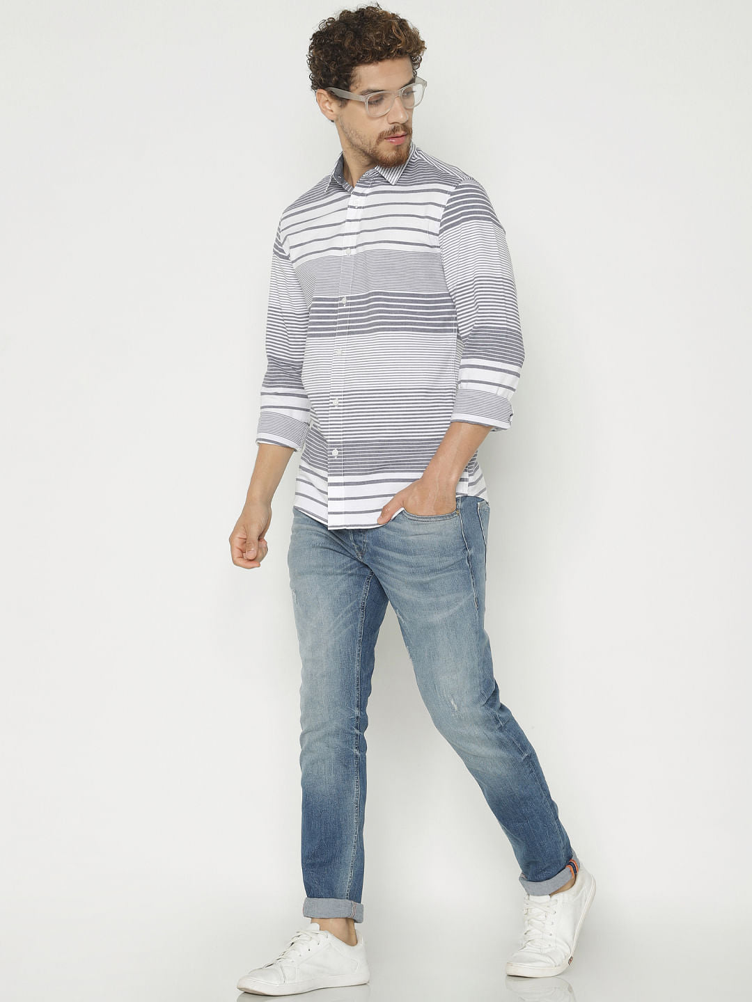 White Striped Slim Fit Full Sleeves Shirt