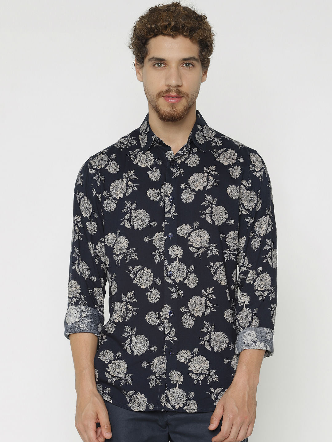 Blue All Over Print Slim Fit Full Sleeves Shirt - S
