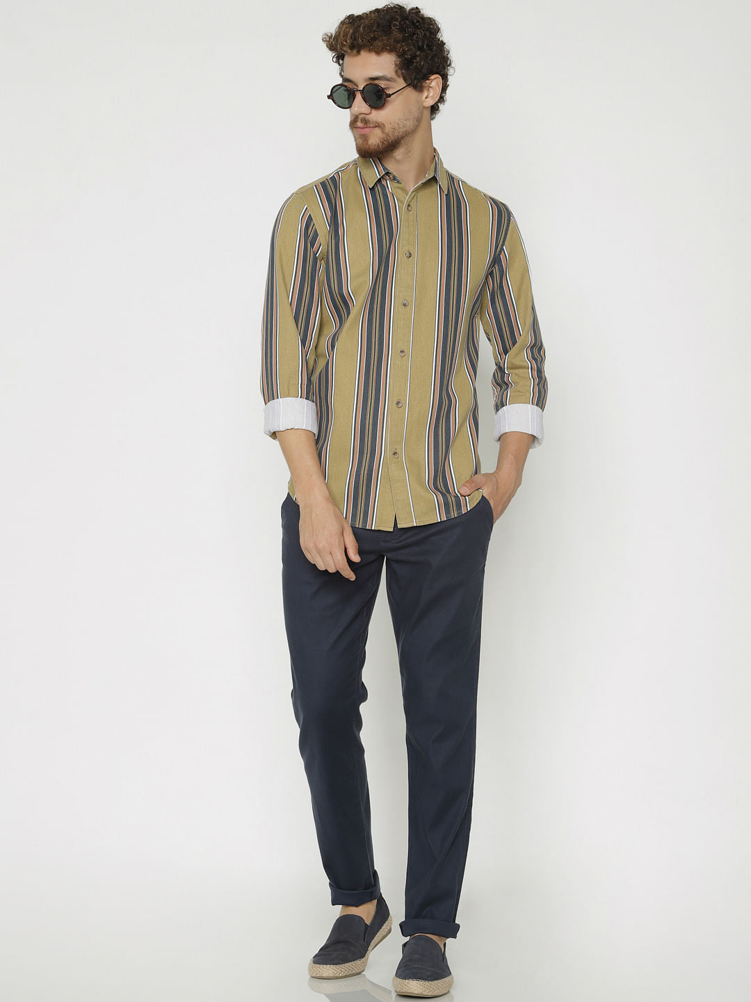 Green Striped Slim Fit Full Sleeves Shirt