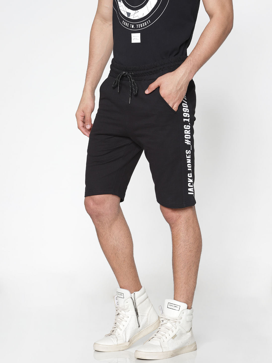 Black Side Text Stripe Print Drawstring Shorts - S