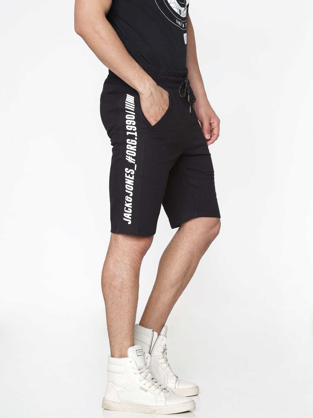 Black Side Text Stripe Print Drawstring Shorts