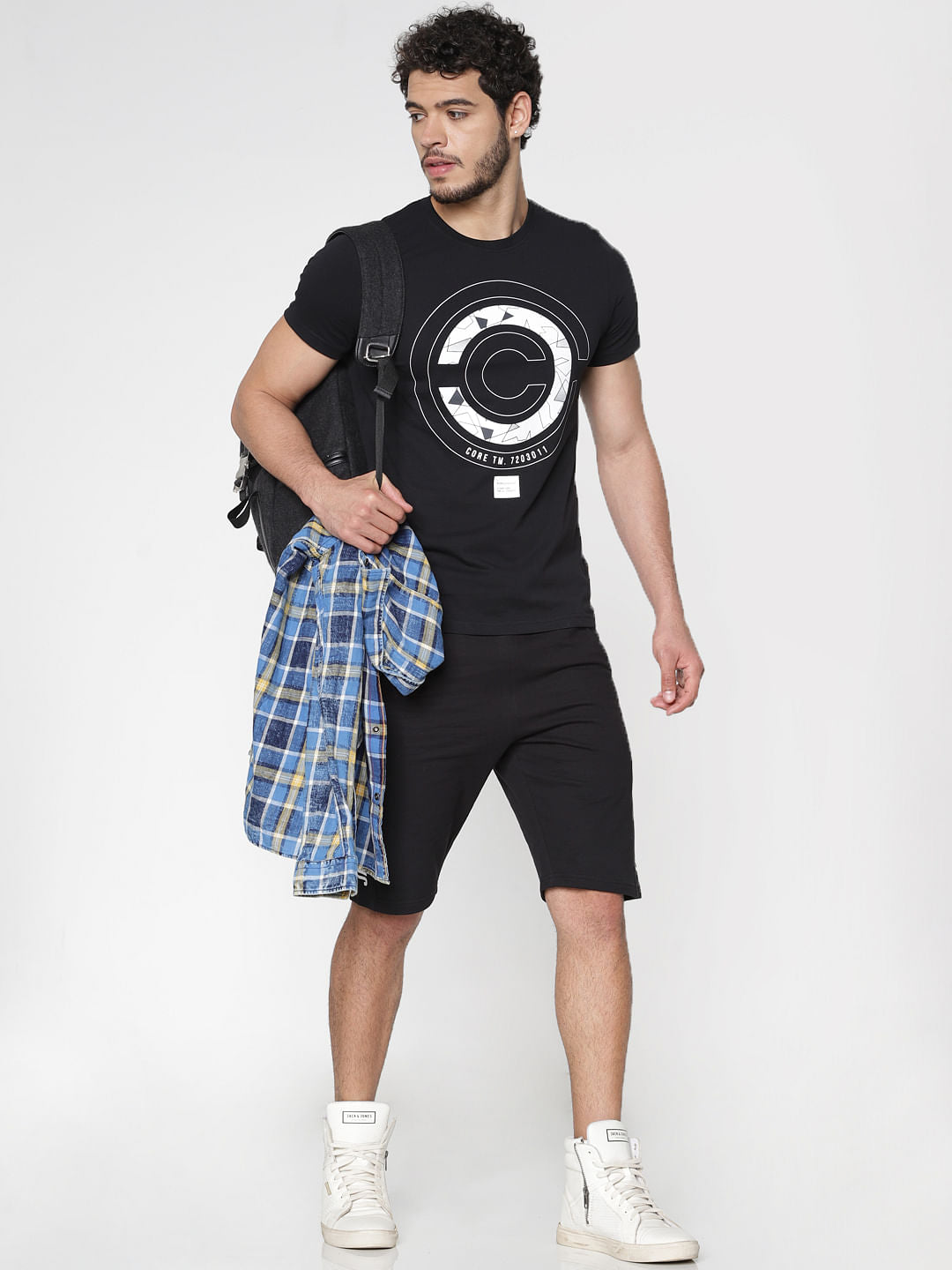 Black Side Text Stripe Print Drawstring Shorts