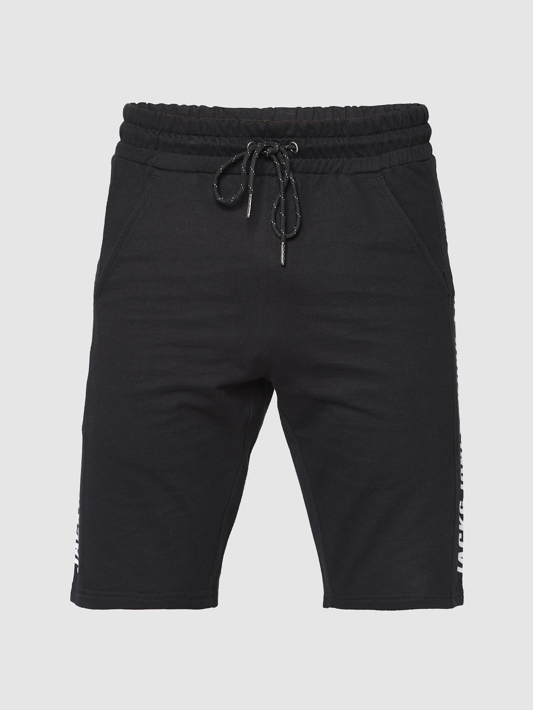 Black Side Text Stripe Print Drawstring Shorts