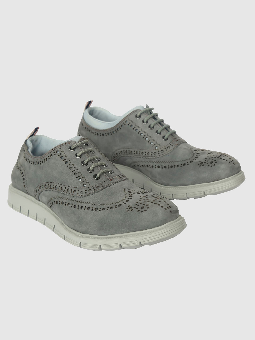 Grey Perforated Brogue Leather Boots - 6