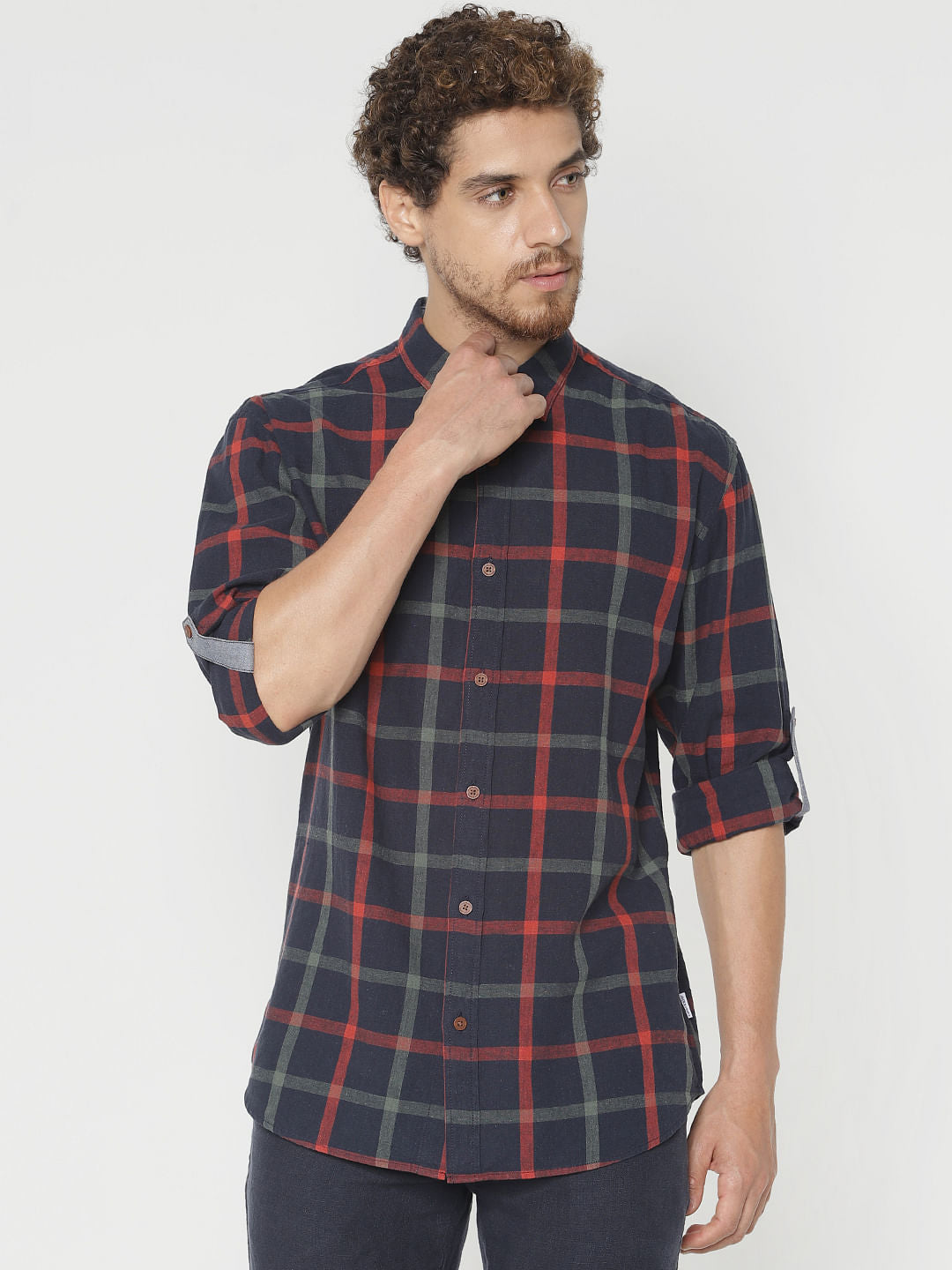 Navy Blue Check Slim Fit Full Sleeves Shirt