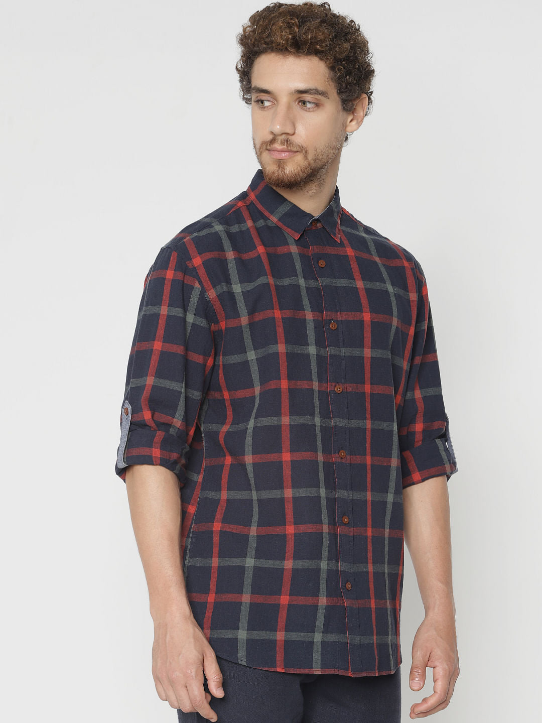 Navy Blue Check Slim Fit Full Sleeves Shirt