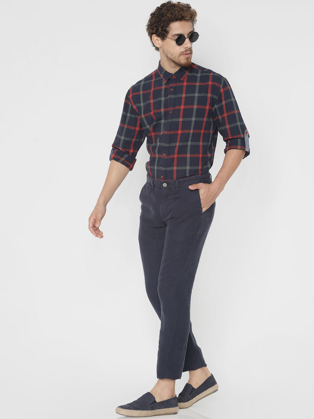 Navy Blue Check Slim Fit Full Sleeves Shirt