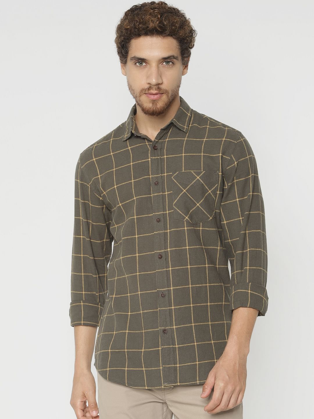 Green Check Slim Fit Full Sleeves Shirt - S