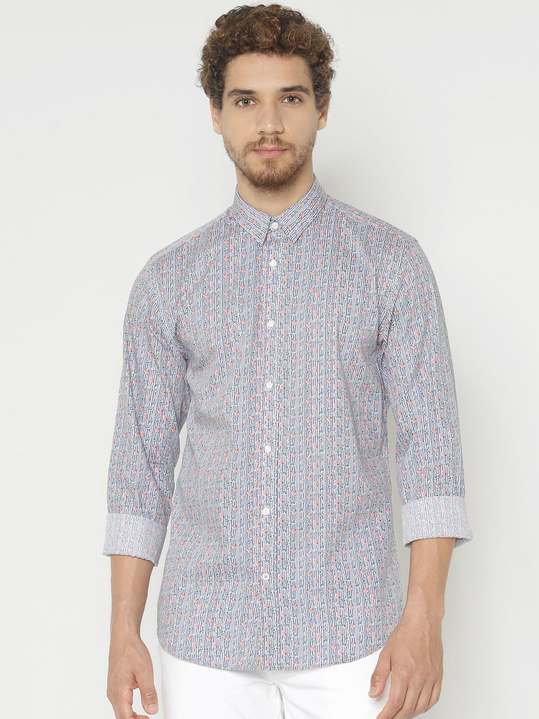 Blue Printed Slim Fit Full Sleeves Shirt