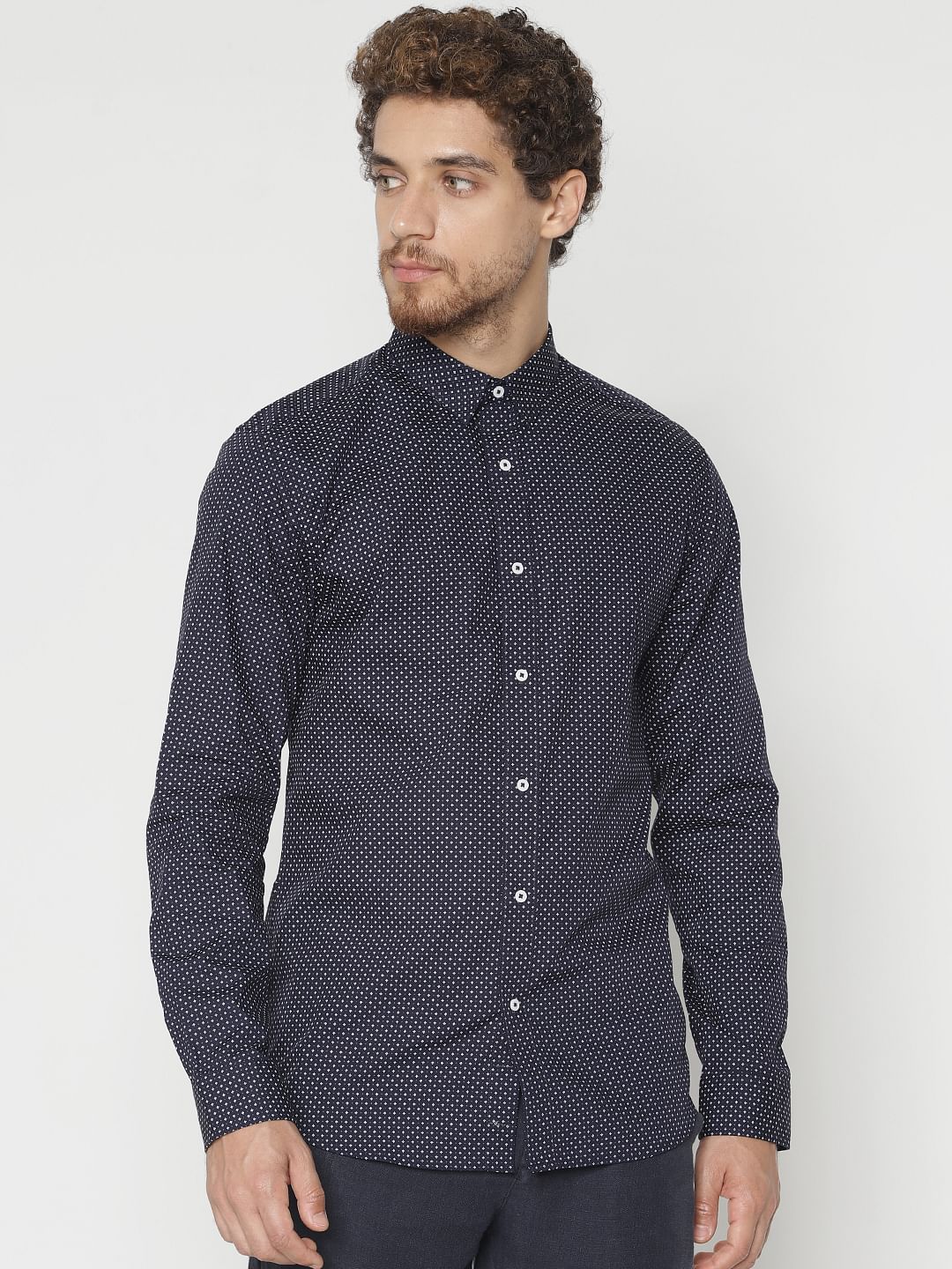 Navy Blue Printed Slim Fit Full Sleeves Shirt - S