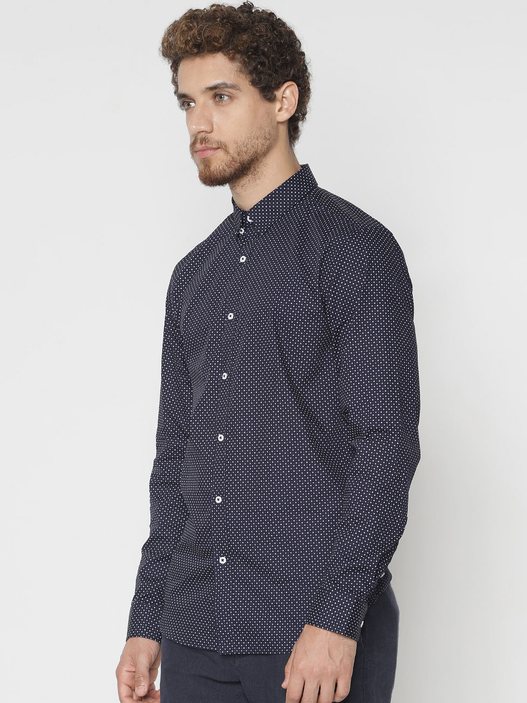 Navy Blue Printed Slim Fit Full Sleeves Shirt
