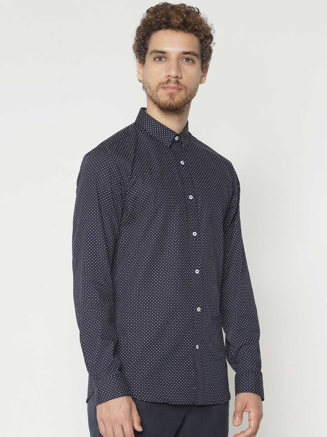 Navy Blue Printed Slim Fit Full Sleeves Shirt