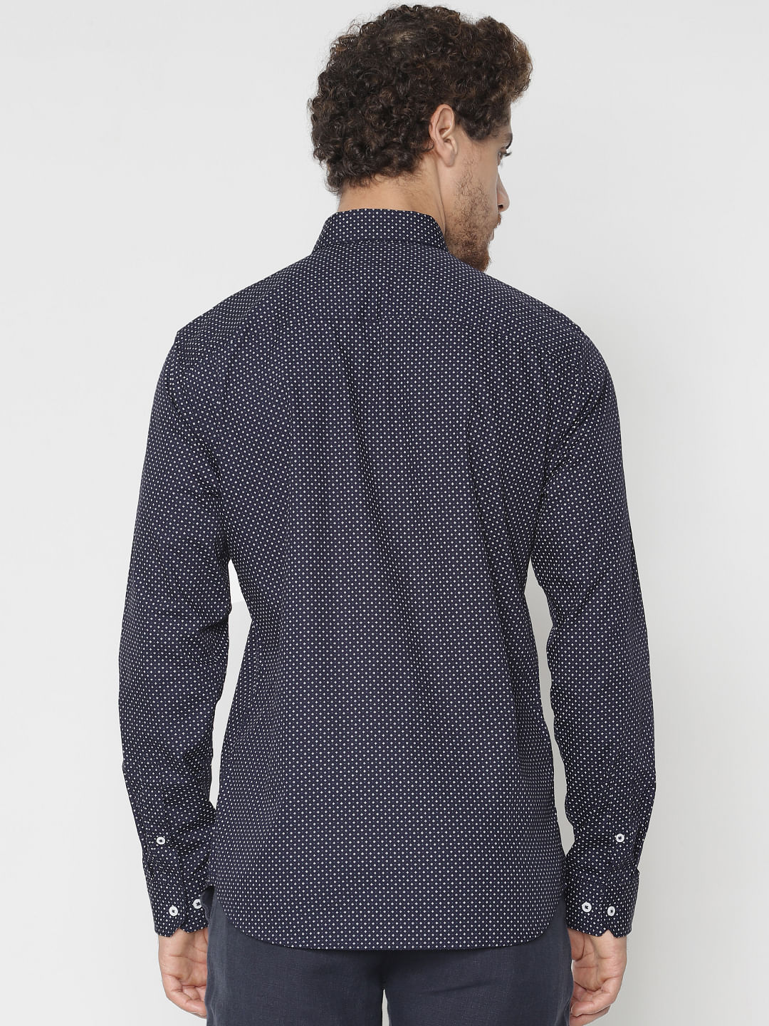 Navy Blue Printed Slim Fit Full Sleeves Shirt