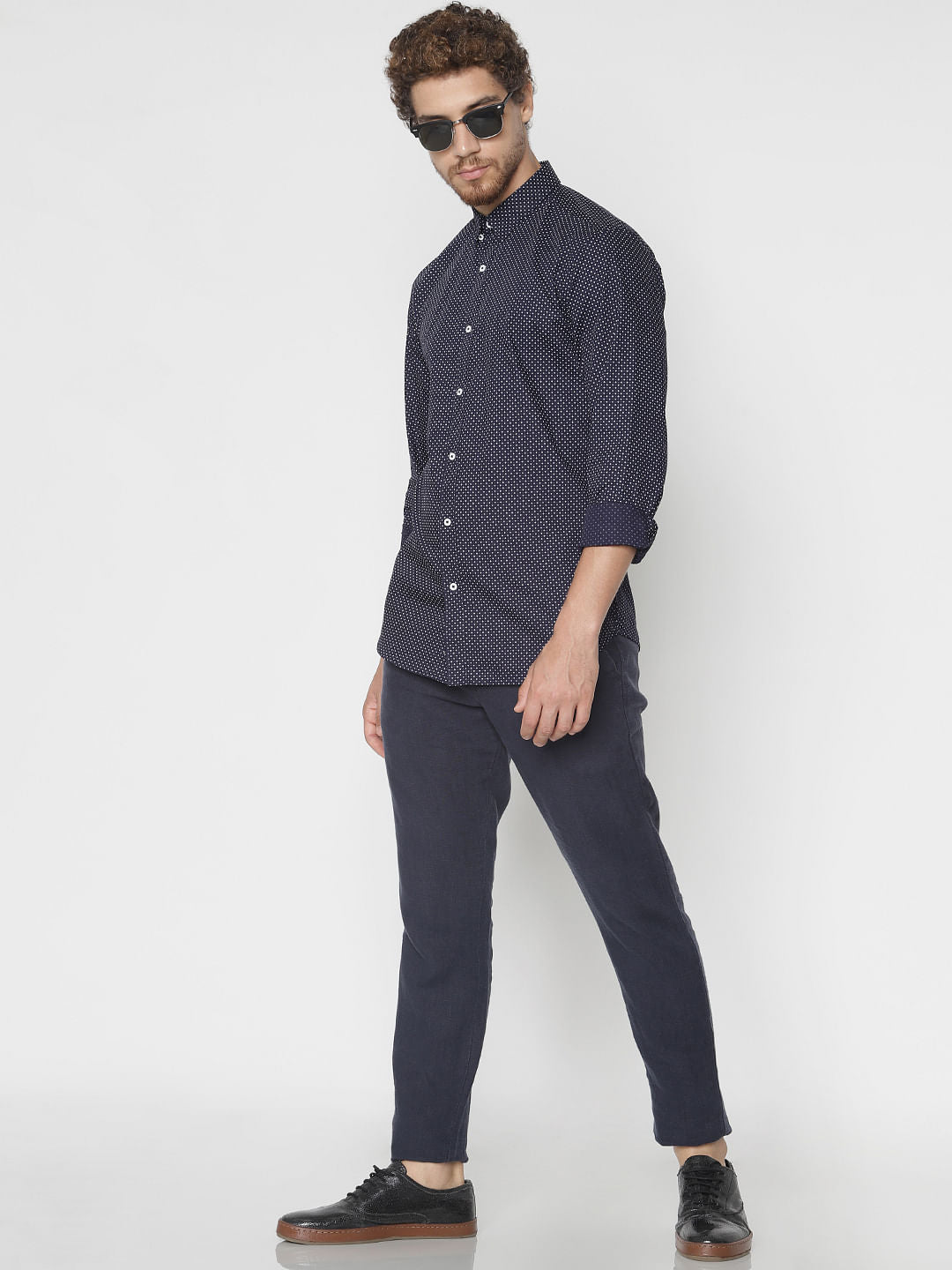 Navy Blue Printed Slim Fit Full Sleeves Shirt