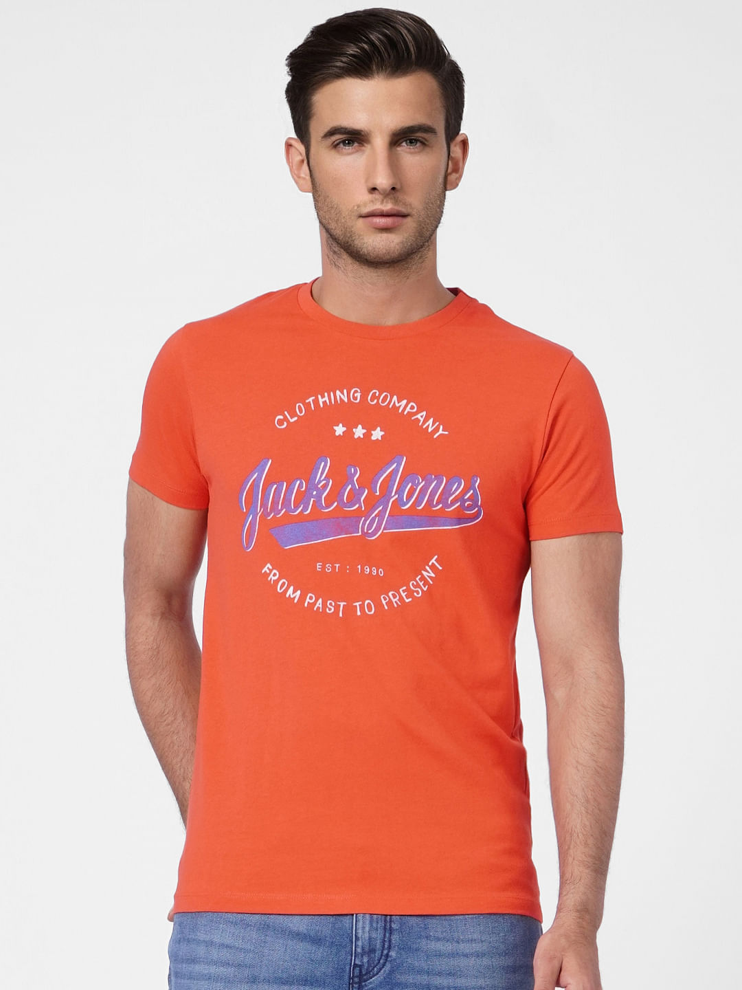 Orange Logo Print Crew Neck T-shirt