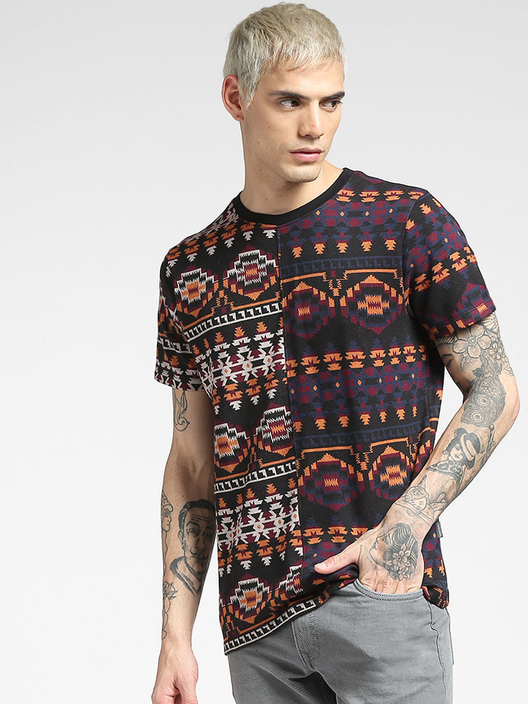 Black Aztec Print Crew Neck T-shirt