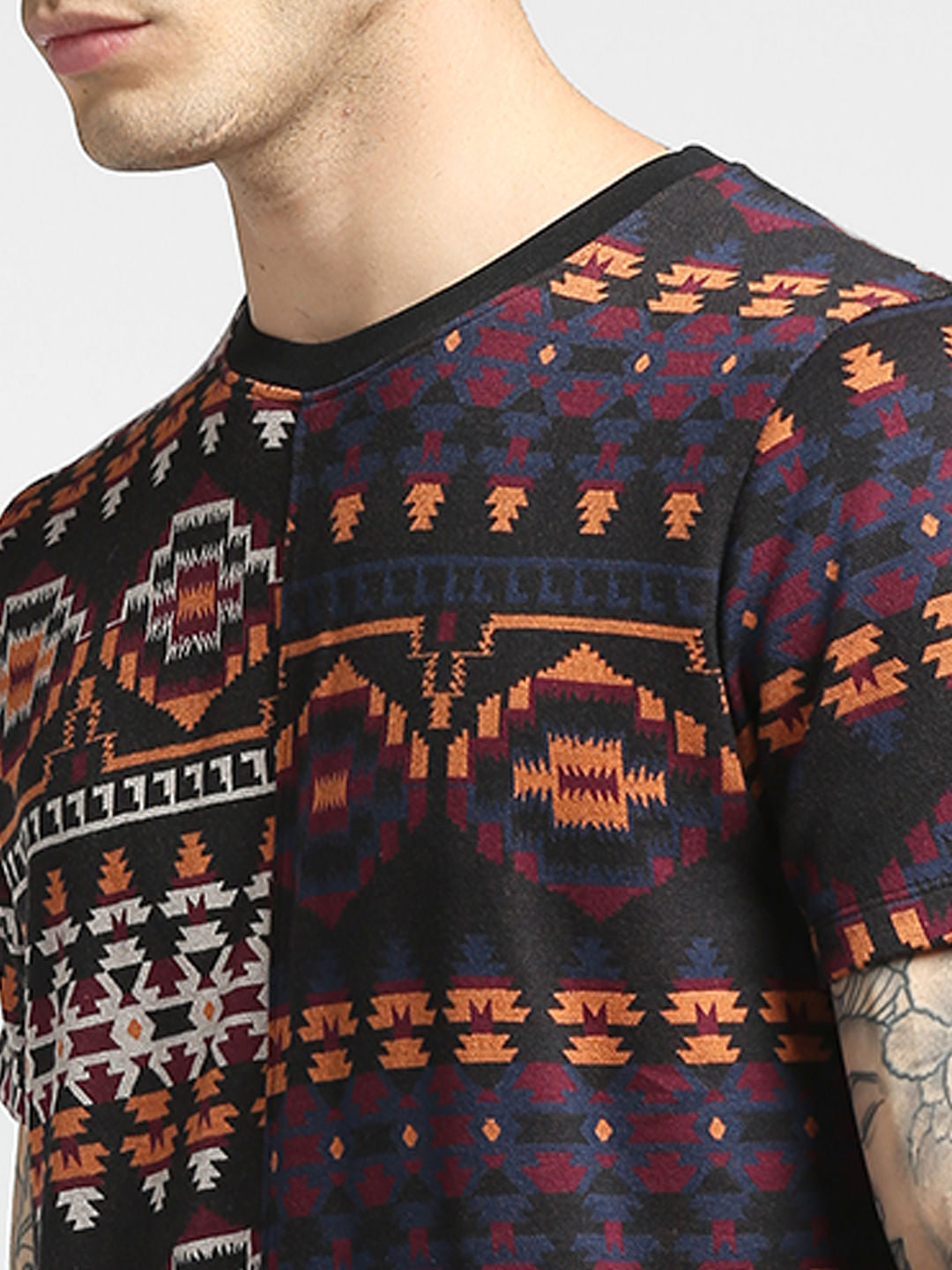 Black Aztec Print Crew Neck T-shirt