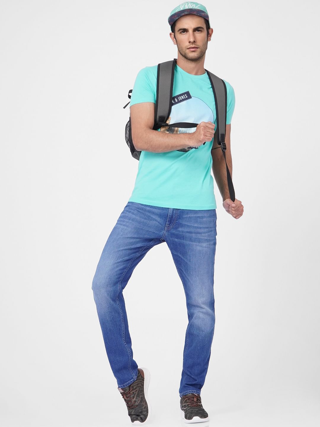 Sky Blue Printed Crew Neck T-shirt - S