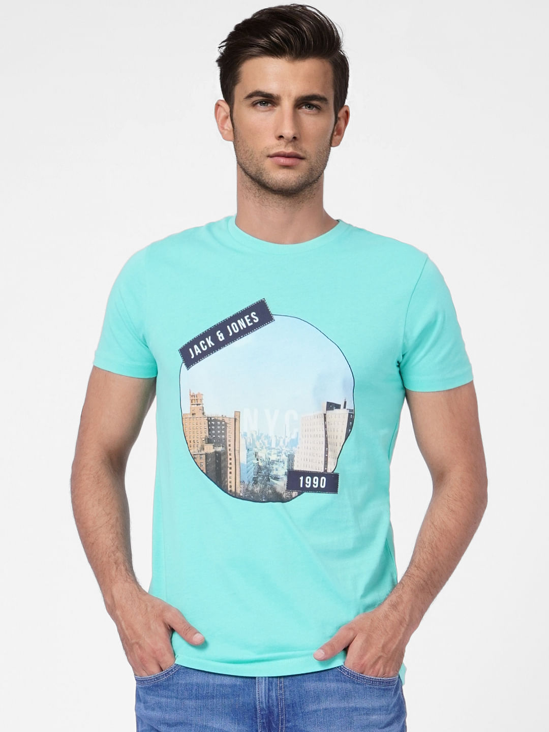 Sky Blue Printed Crew Neck T-shirt