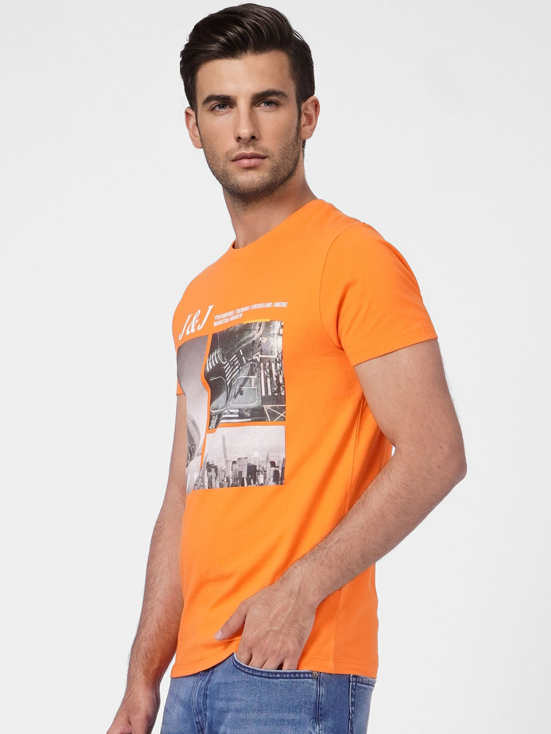 Orange Printed Crew Neck T-shirt